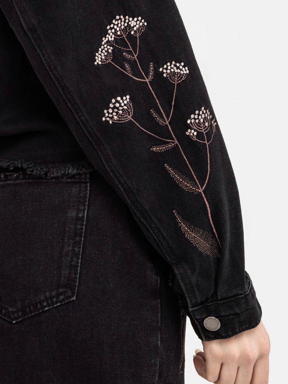 NWT Disturbia Griffinfly Embroidered Distressed Black Denim Jacket US10 sold out - Picture 3 of 13